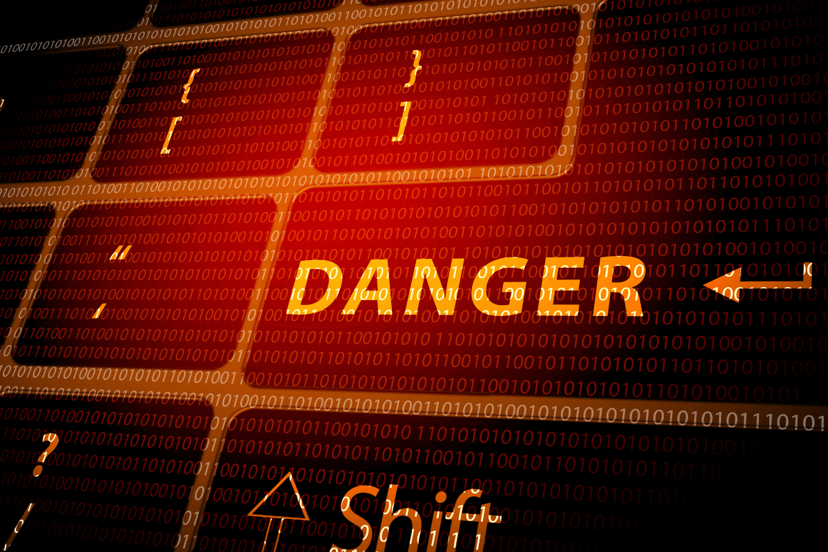 Ilustração digital com a palavra Danger em destaque vermelho, simbolizando o risco de bloqueio permanente da conta.