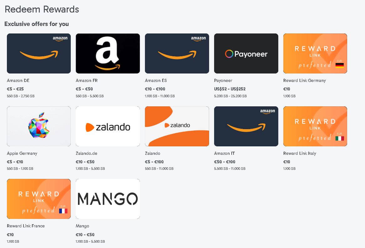 Captura de tela da página de recompensas do Swagbucks exibindo uma grade de opções de resgate, incluindo cartões-presente da Amazon, créditos na Apple e transferências via Payoneer, com os respectivos custos em pontos SB abaixo de cada oferta.