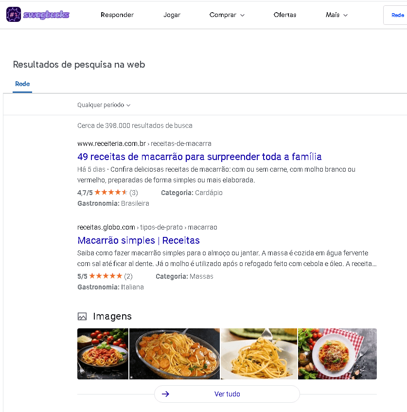 Interface do motor de busca Swagbucks exibindo resultados de pesquisa na web para receitas culinárias, demonstrando como a ferramenta se assemelha aos buscadores tradicionais mas com o benefício de gerar recompensas.