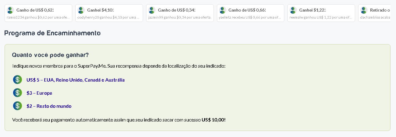 Tela do Programa de Encaminhamento do Superpay.me detalhando os ganhos por indicação: $5 para EUA/UK/Canadá/Austrália, $3 para Europa e $2 para o resto do mundo, condicionado ao saque de $10 do indicado.