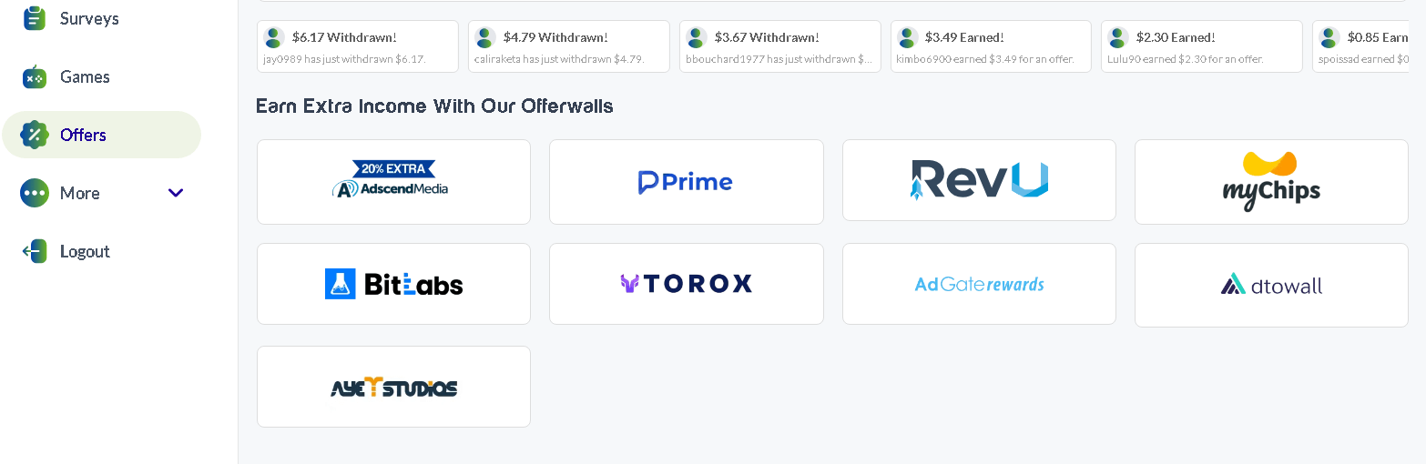 Painel do Superpay.me exibindo a seção de Offerwalls com diversos parceiros de tarefas como AdscendMedia, RevU, BitLabs, Torox e AdGate Rewards para ganhar renda extra.