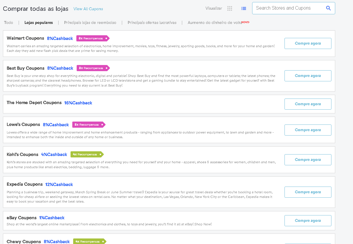 Captura de tela da interface do Swagbucks listando lojas populares como Walmart e Best Buy, com destaque para as porcentagens de cashback oferecidas e botões de compra para ativar as recompensas.