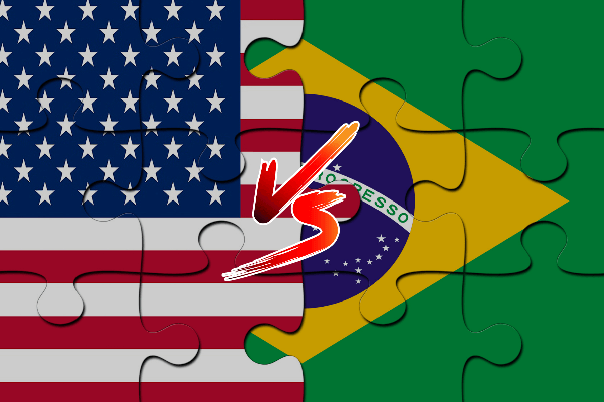 Quebra-cabeça unindo as bandeiras dos EUA e do Brasil com um símbolo de versus, ilustrando a diferença de pontuação e regras do Microsoft Rewards entre os países.