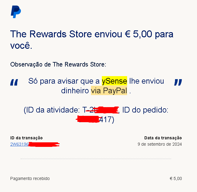 Captura de tela do extrato PayPal mostrando recebimento do Ysense em dólar.