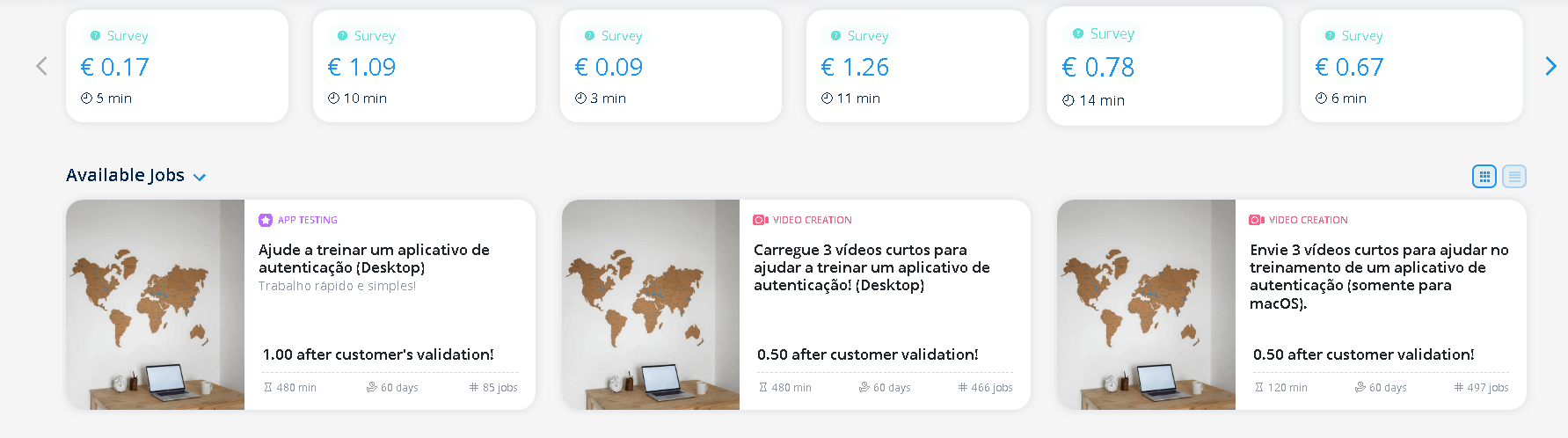 Lista de "Available Jobs" em plataforma de micro tarefas destacando oportunidades de teste de aplicativos de autenticação e criação de vídeos curtos, ao lado de opções de parceiros de pesquisa.