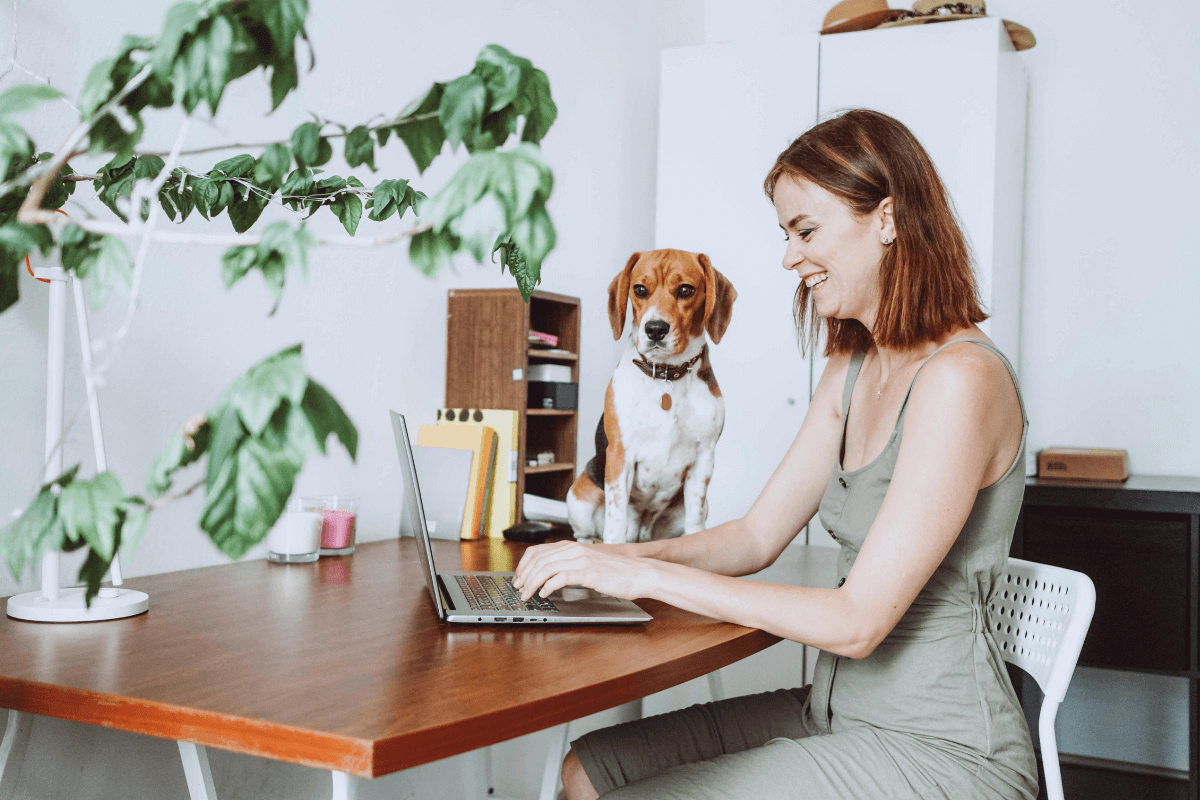 Mulher sorridente digitando no notebook em uma mesa organizada com um cachorro beagle ao lado, representando a liberdade e o conforto de trabalhar com o ySense em casa.