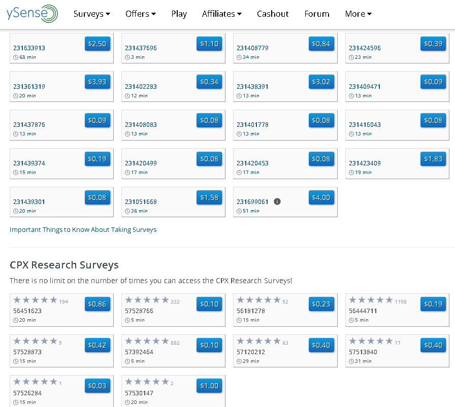 Interface do usuário Ysense listando pesquisas disponíveis e valores