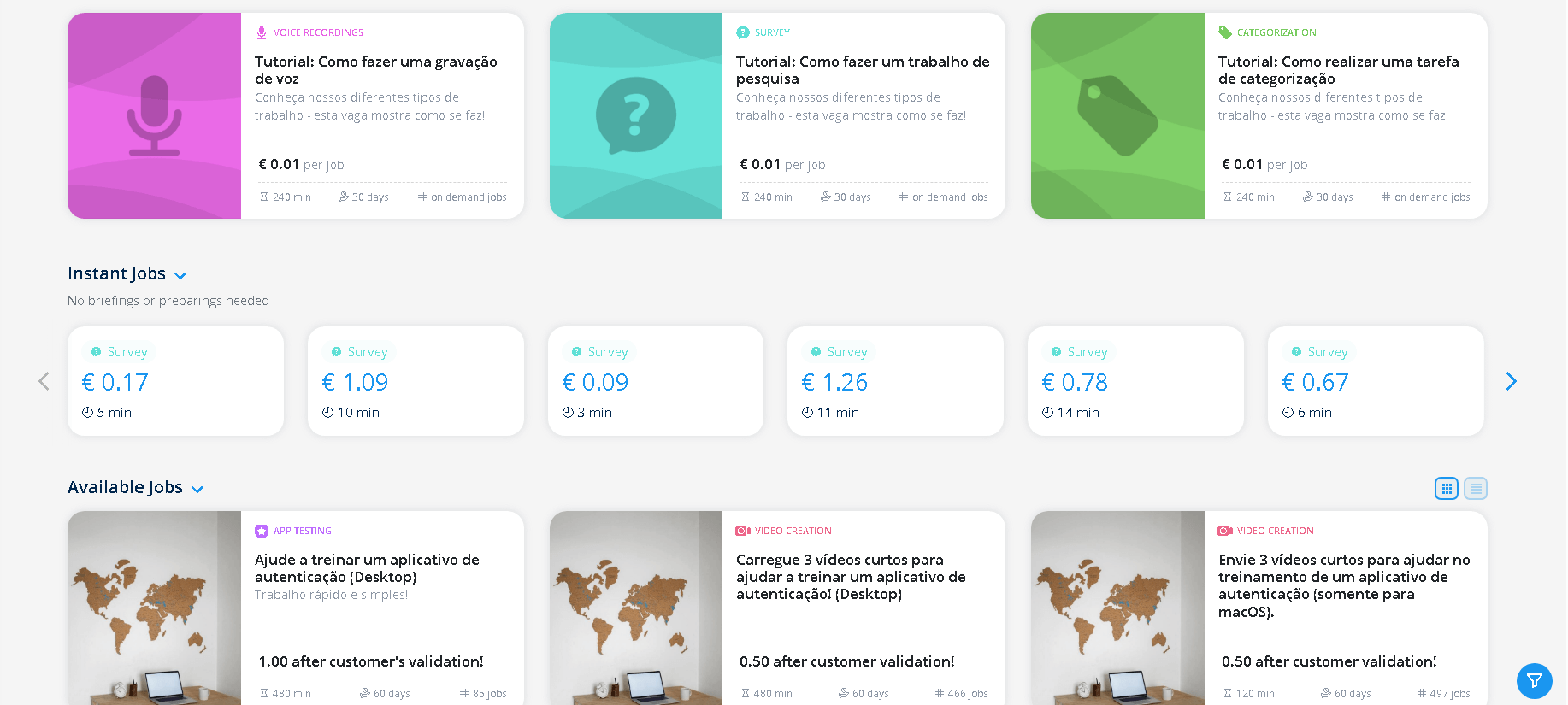 Captura de tela de um painel de plataforma de micro tarefas exibindo diversas oportunidades de trabalho, como pesquisas remuneradas, testes de aplicativos e criação de vídeos, com pagamentos listados em Euro.