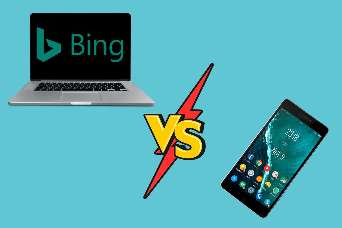 Comparativo visual entre notebook com Bing e smartphone, ilustrando a diferença de pontuação e a necessidade de usar ambos os dispositivos no Microsoft Rewards.