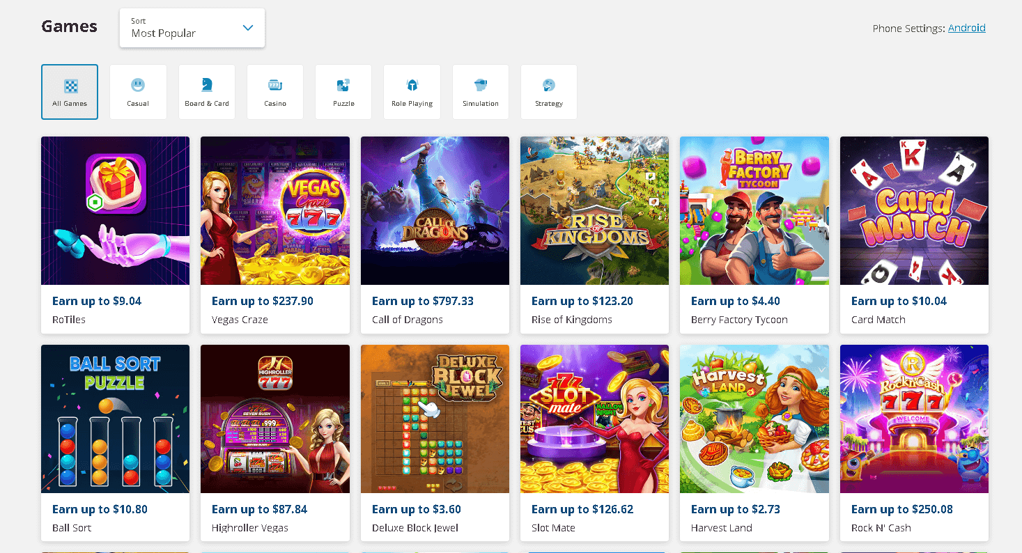 Captura de tela da seção de jogos do ySense, mostrando ofertas como "Call of Dragons" e "Vegas Craze" com recompensas que podem ultrapassar 700 dólares.