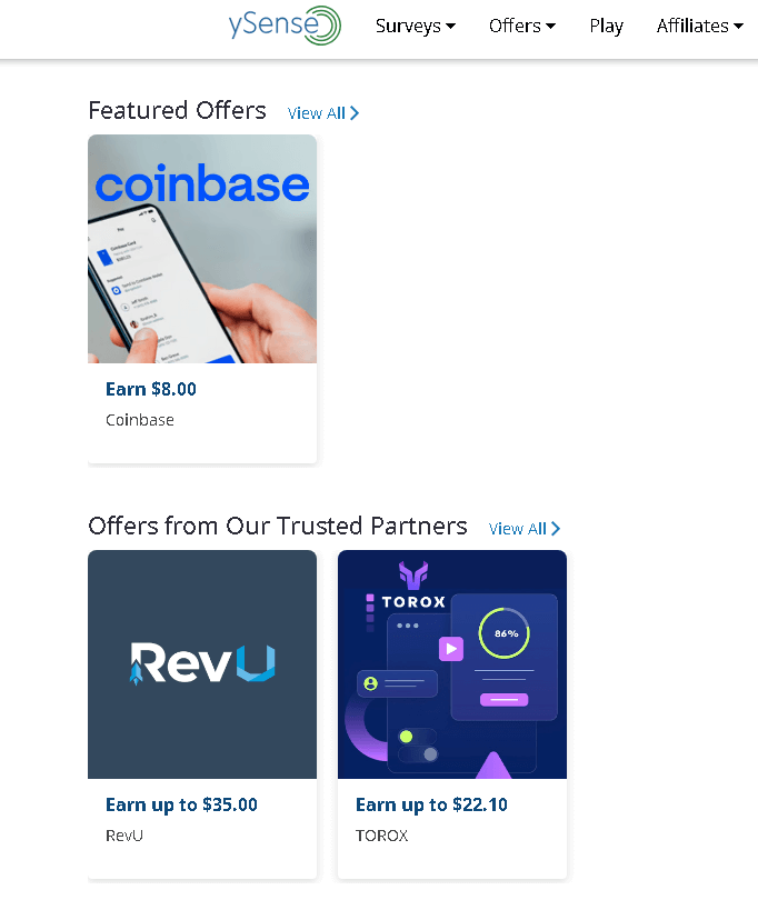 Captura de tela da seção de parceiros do Ysense mostrando ofertas da RevU e TOROX com pagamentos superiores a 20 e 30 dólares por tarefa.