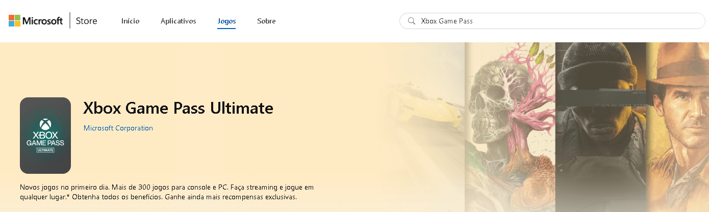 Banner promocional do Xbox Game Pass Ultimate na Microsoft Store, destacando o serviço que oferece missões diárias para acumular pontos e manter o engajamento.