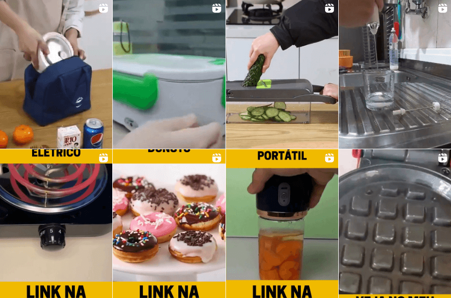 Colagem de vídeos curtos demonstrando utensílios domésticos e eletroportáteis, exemplificando a estratégia de tráfego orgânico para afiliados do Mercado Livre gerarem vendas pelas redes sociais.