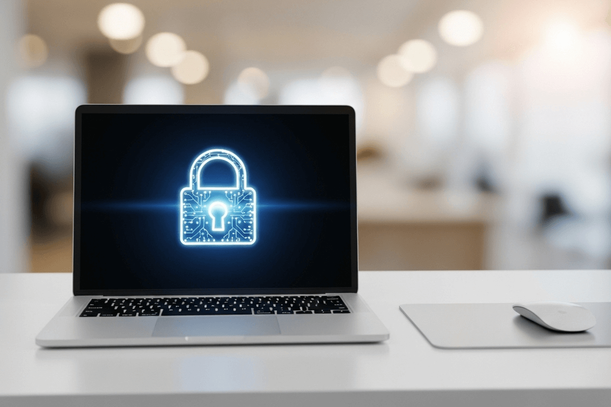 Notebook exibindo um ícone de cadeado digital brilhante na tela, simbolizando o uso de criptografia, antivírus e autenticação de dois fatores para proteção de contas.