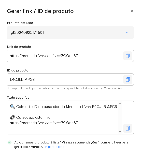 Interface de geração de link único de afiliado no Mercado Livre. O sistema utiliza este código de rastreamento específico para detectar fraudes e banir contas que tentam realizar compras utilizando o próprio link.