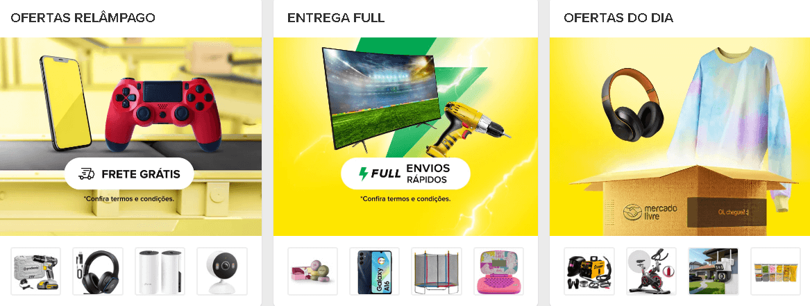Banners do Mercado Livre destacando Entrega Full e Ofertas Relâmpago, diferenciais logísticos que garantem a alta conversão para afiliados na América Latina.