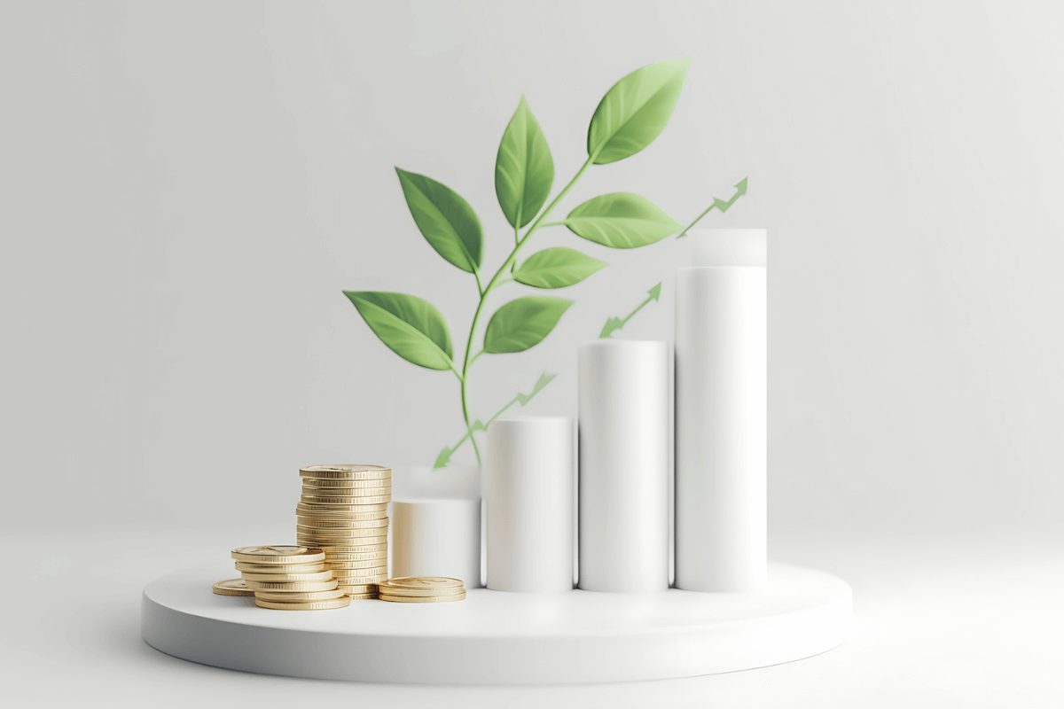 Gráfico de barras em crescimento ao lado de pilhas de moedas de ouro e uma planta, ilustrando o conceito de renda passiva e a rentabilidade acumulada ao longo do tempo.