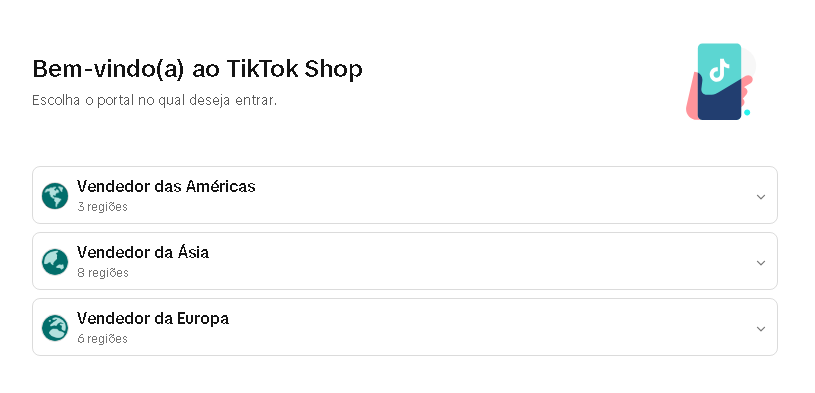 Tela de boas-vindas do painel de vendedores do TikTok Shop, exibindo opções de entrada para vendedores das Américas, Ásia e Europa.