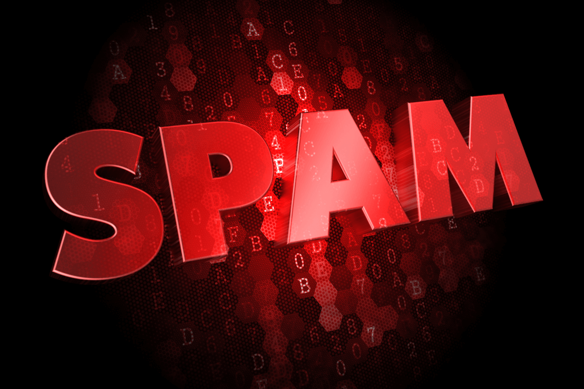 Palavra SPAM em letras 3D vermelhas sobre fundo digital, ilustrando o perigo de bloqueio por envio excessivo de links no WhatsApp.