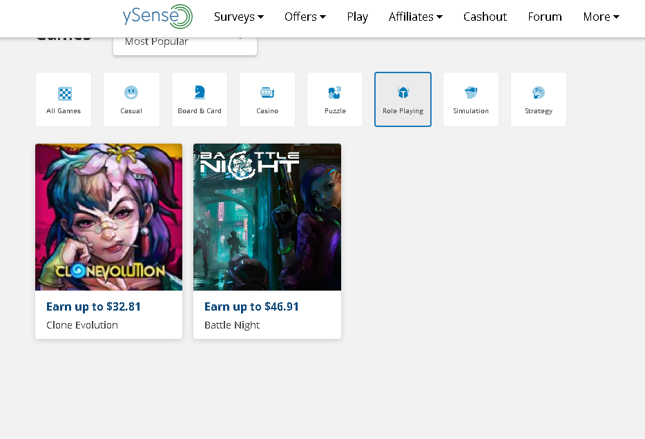 Painel de jogos mobile do ysense, mostrando recompensas por instalar e jogar com valores altos de $46.91.