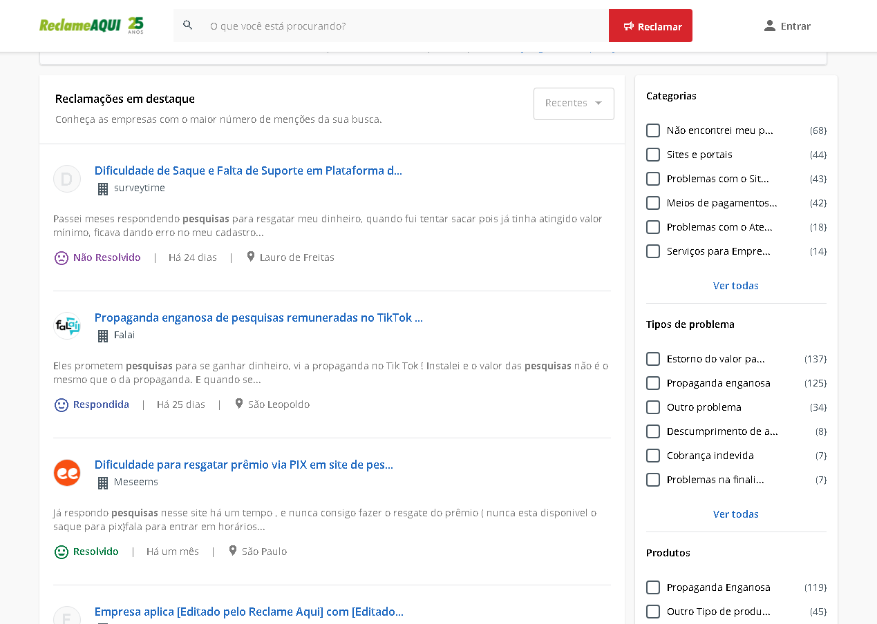 Print de tela mostrando reclamações de pessoas no site oficial do Reclama Aqui.