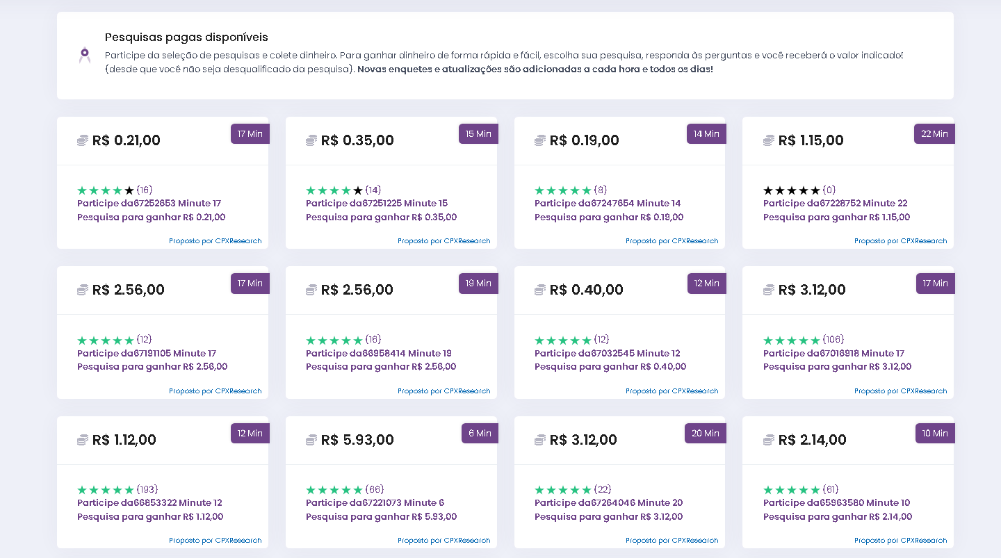 Painel com pesquisas remuneradas da Surveoo.