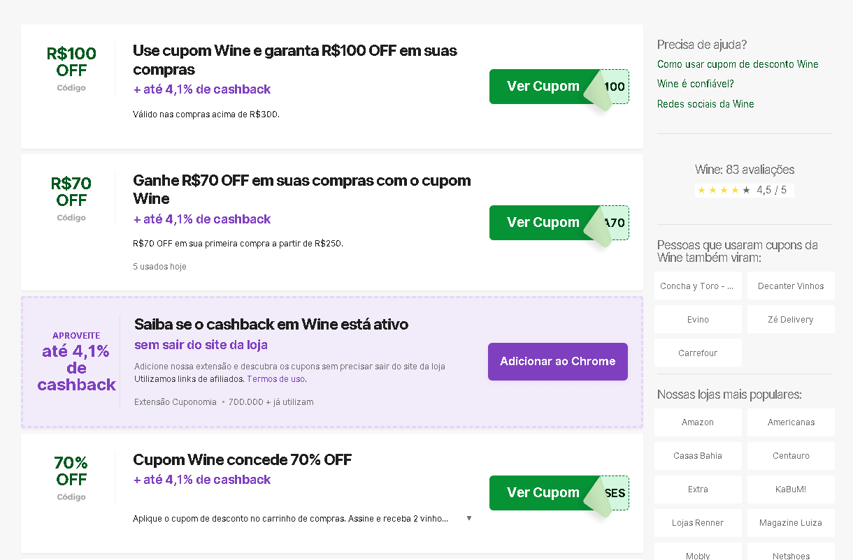 Site oficial da Cuponomia com a página dedicada aos cupons de desconto da loja Wine.