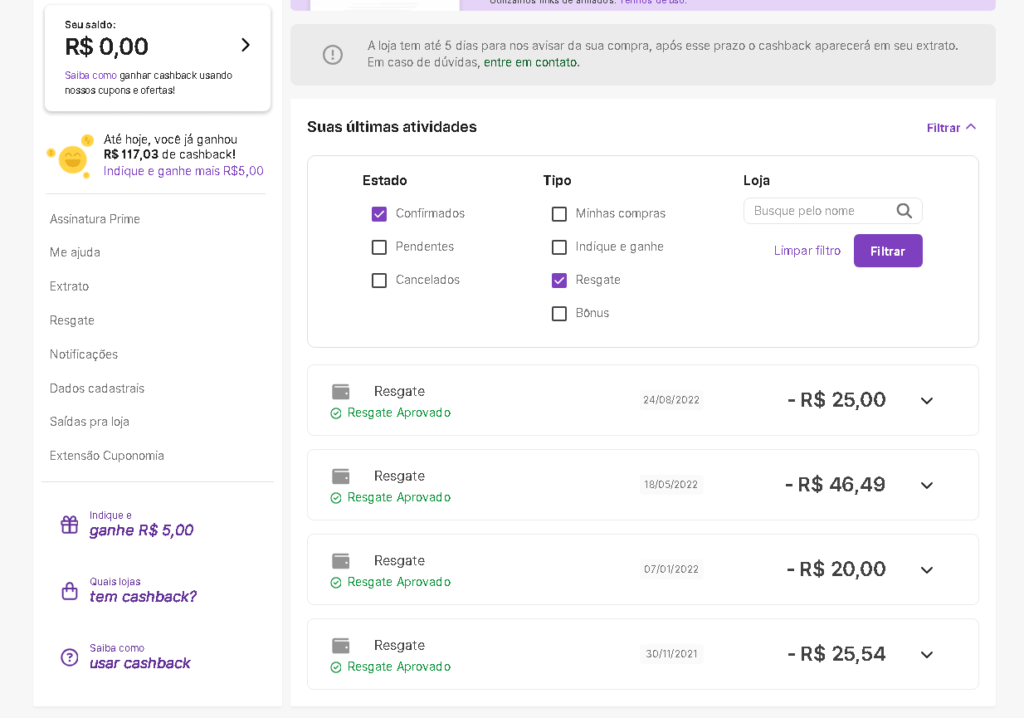 Meu perfil no Cuponomia com um saldo de R$117,03. resgatado.